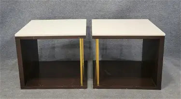 MODERNIST CANTILEVERED END TABLES OF SOLID WOOD, BRASS, AND STONE