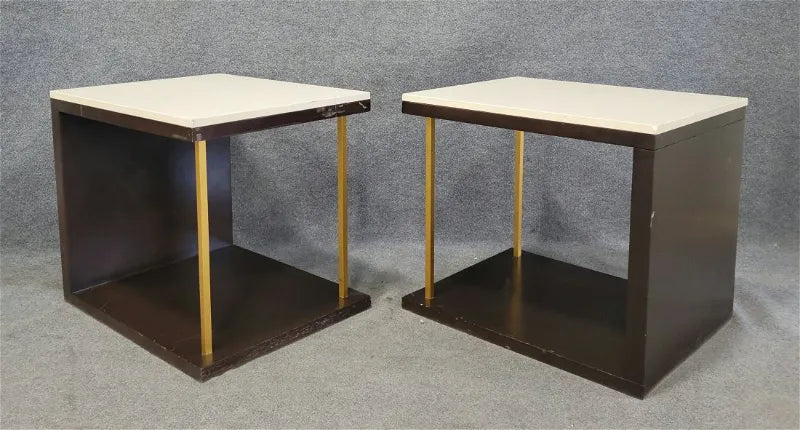 MODERNIST CANTILEVERED END TABLES OF SOLID WOOD, BRASS, AND STONE