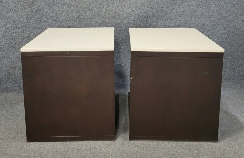 MODERNIST CANTILEVERED END TABLES OF SOLID WOOD, BRASS, AND STONE