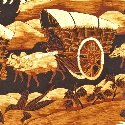 PASTORAL SCENE WITH OXCARTS AND RAFTS BY UNKNOWN BATIK ARTIST