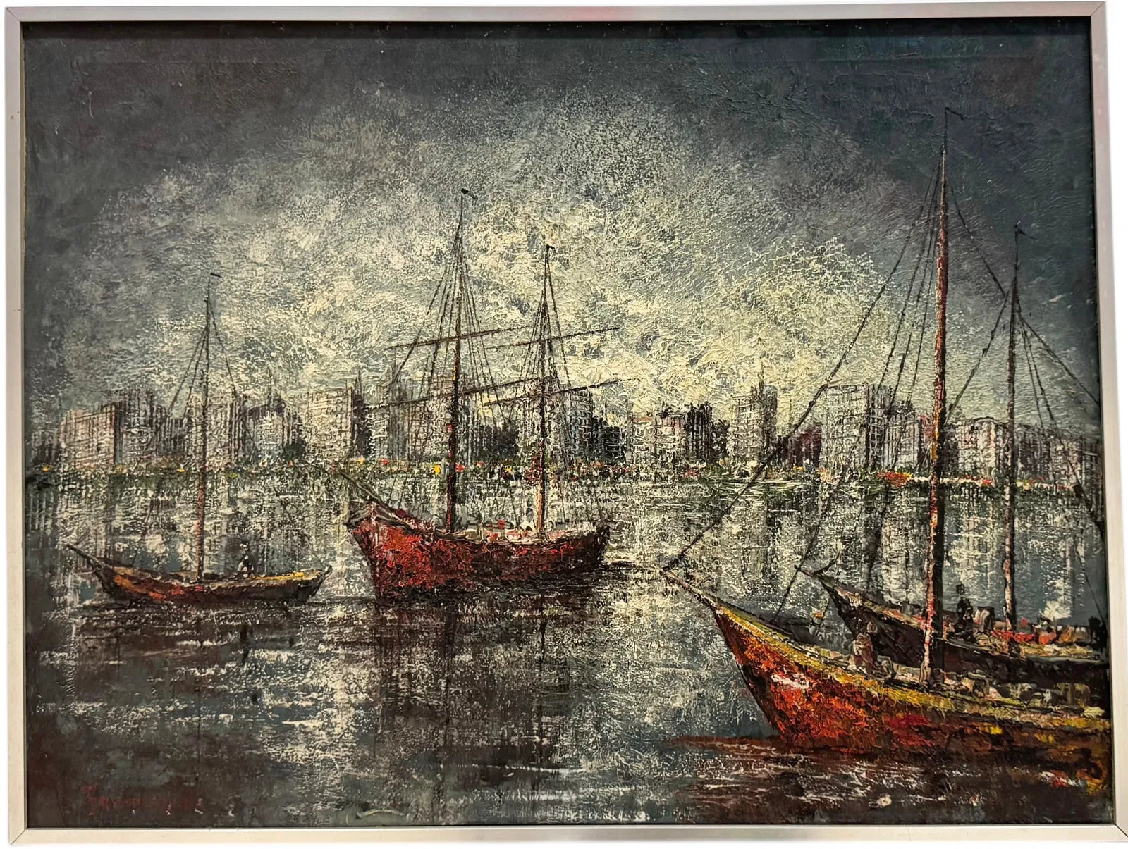 AMERICAN SCHOOL HARBOR SCENE SIGNED “BRANDENBURG” (1960s)