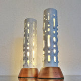 TUBULAR TORCH-CUT ALUMINUM AND WALNUT TABLE LAMPS