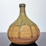 BULBOUS THIN NECKED STUDIO POTTERY VASE WITH GREEN DRIP