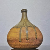 BULBOUS THIN NECKED STUDIO POTTERY VASE WITH GREEN DRIP
