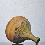 BULBOUS THIN NECKED STUDIO POTTERY VASE WITH GREEN DRIP