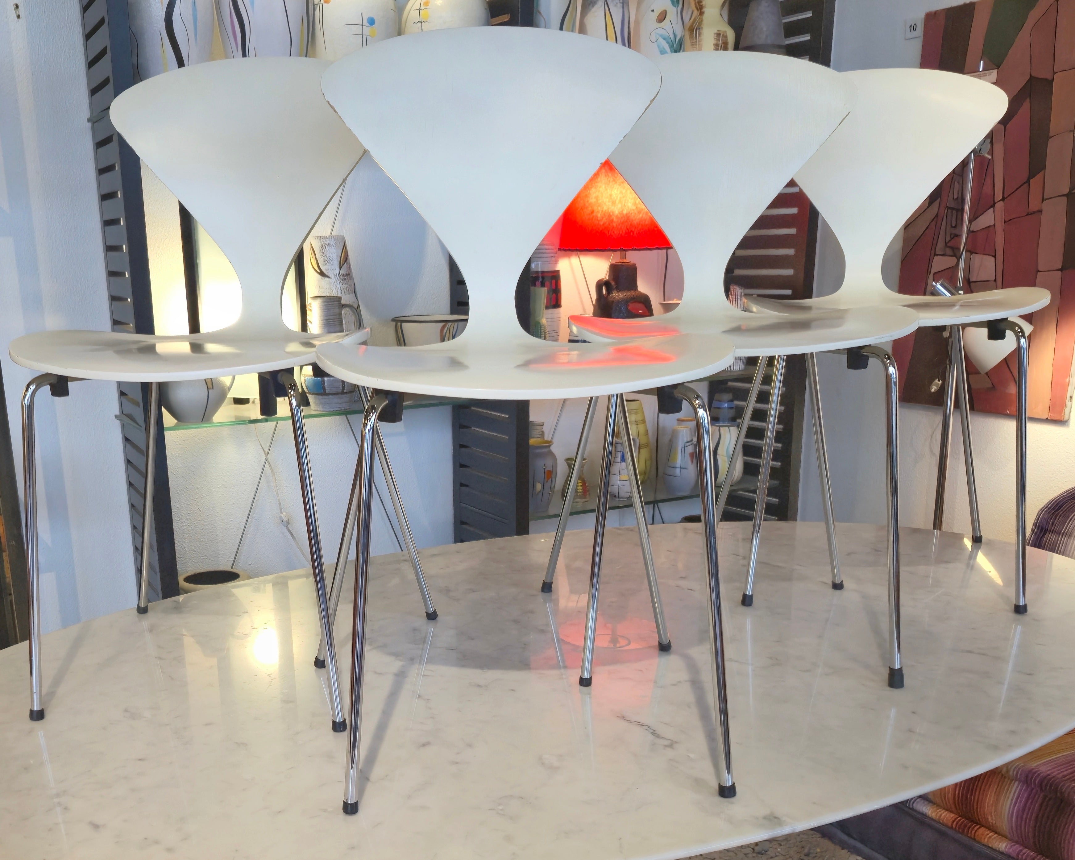 SET OF FOUR WHITE LACQUER  STACKING CHAIRS BY NORMAN CHERNER