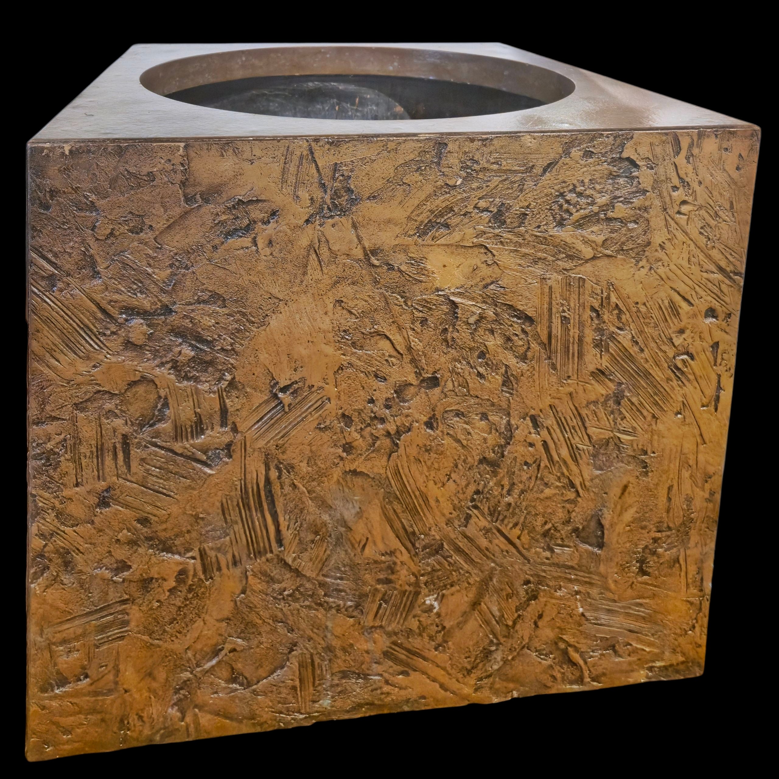 RARE EARLY ’70s BRONZE ABSTRACT PLANTER BOX BY McCARROLL & GILLESPE FOR FORMS+SURFACES