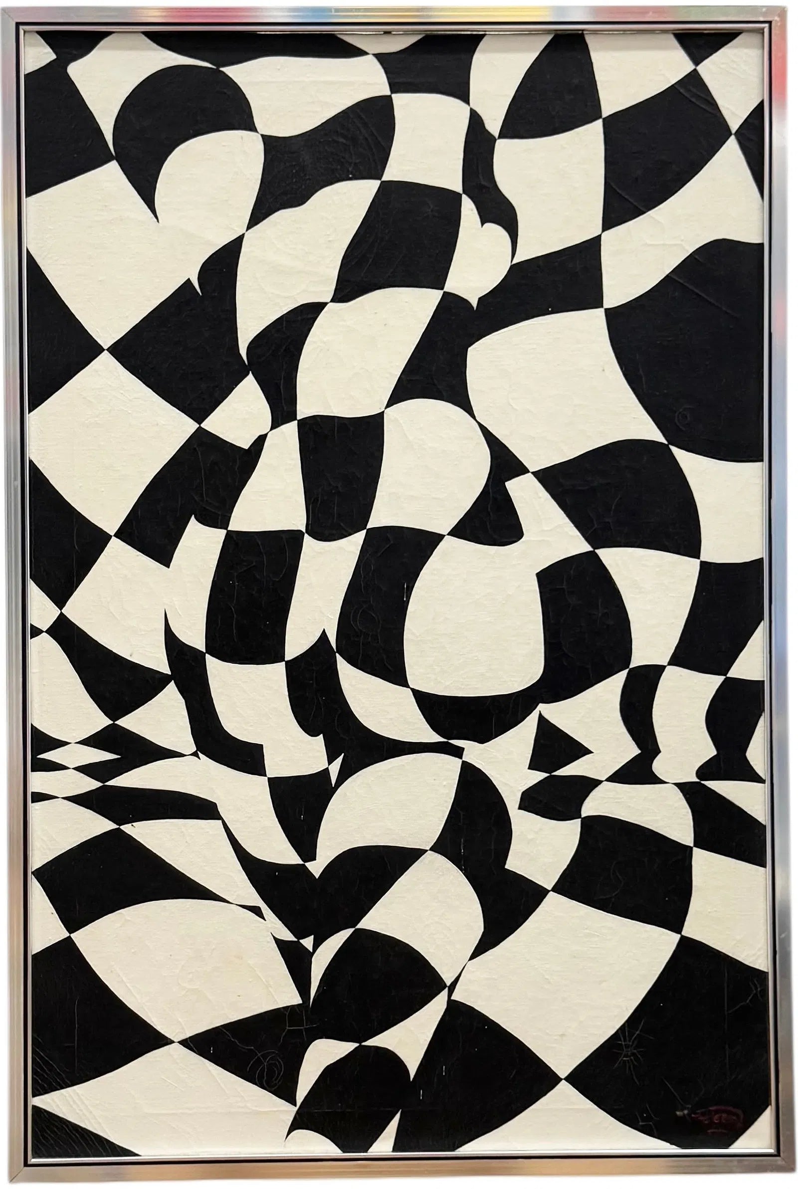 SIGNED BLACK & WHITE OIL-ON-CANVAS OP ART NUDE (1970s)