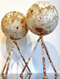 HEAVY IRON GARDEN SPHERE ON TWISTED IRON TRIPOD BASE (1940s)