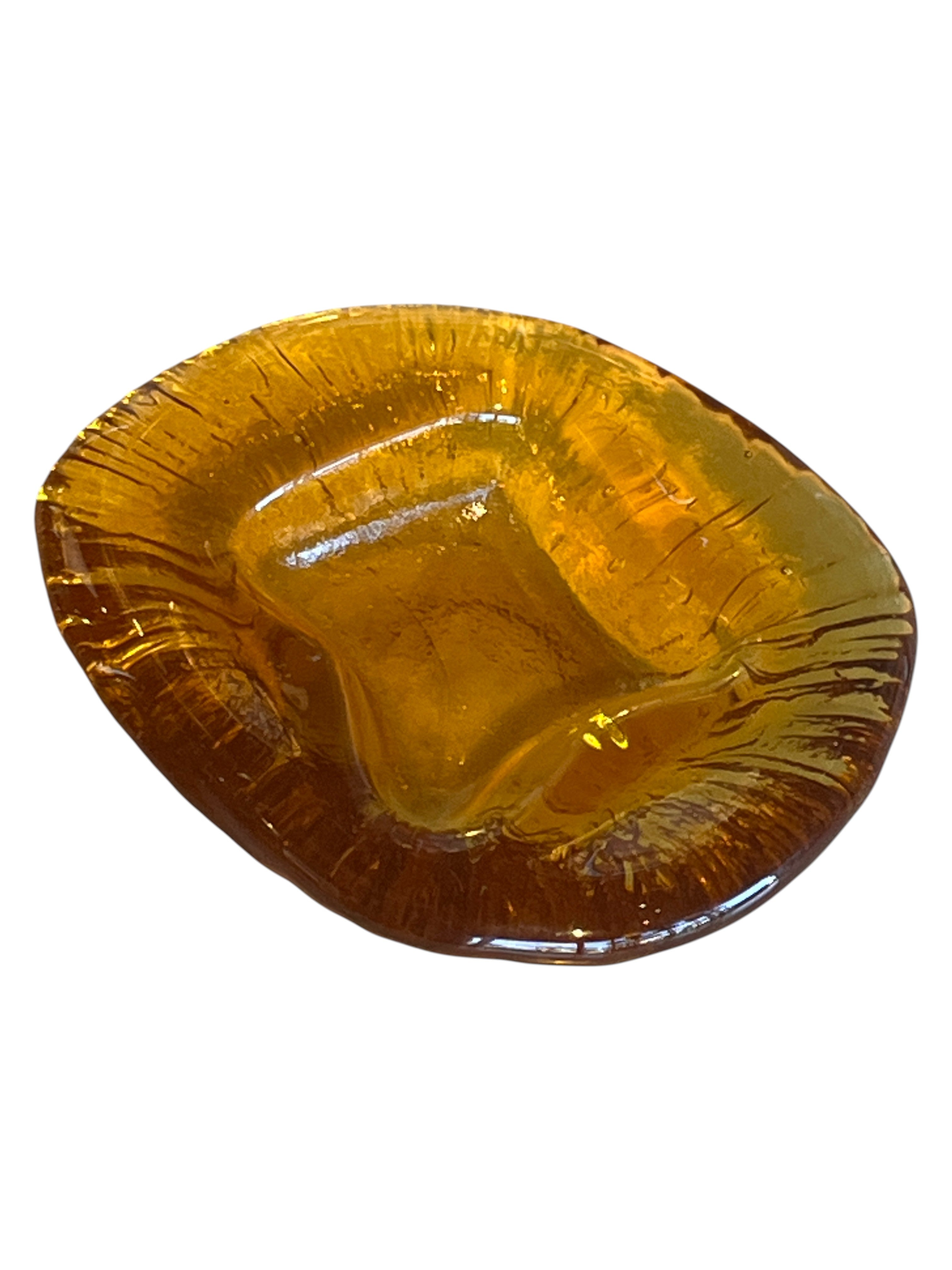 FREE-FORM AMBER GLASS ASHTRAY/VIDE POCHE BY BLENKO