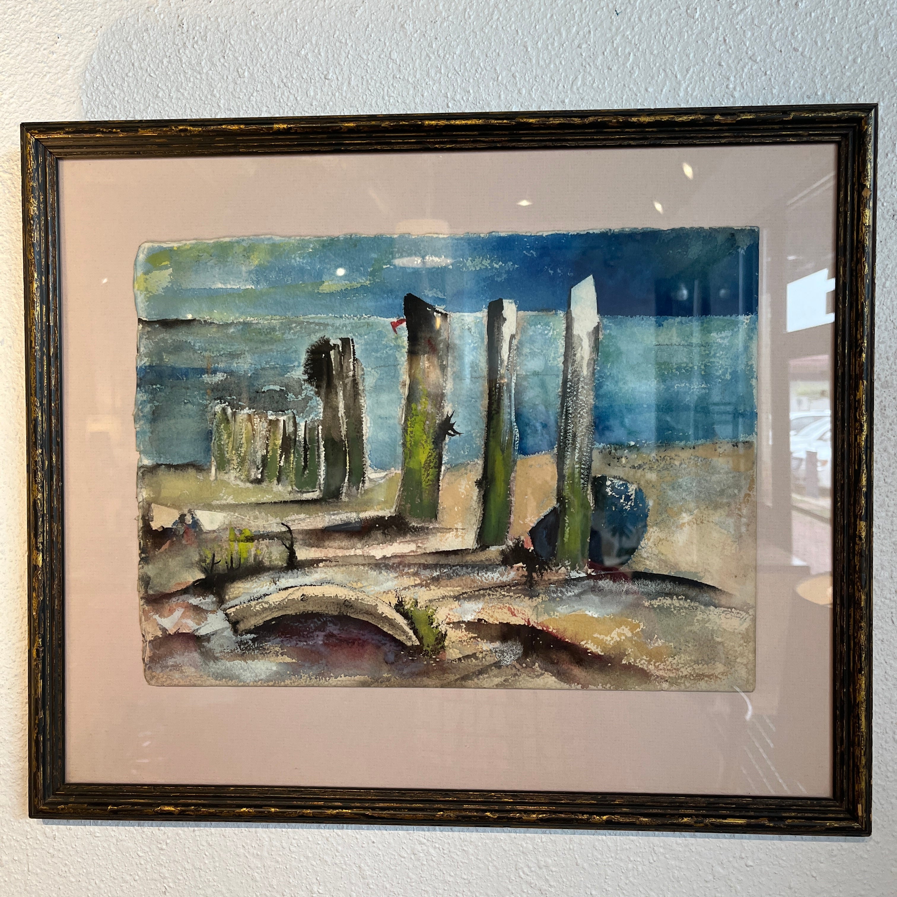 BEACHSCAPE WITH ABANDONED PILINGS BY FRANK GEBHART (1950s)