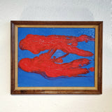 RED ON BLUE ABSTRACT OIL ON BOARD PAINTING BY PULGINI