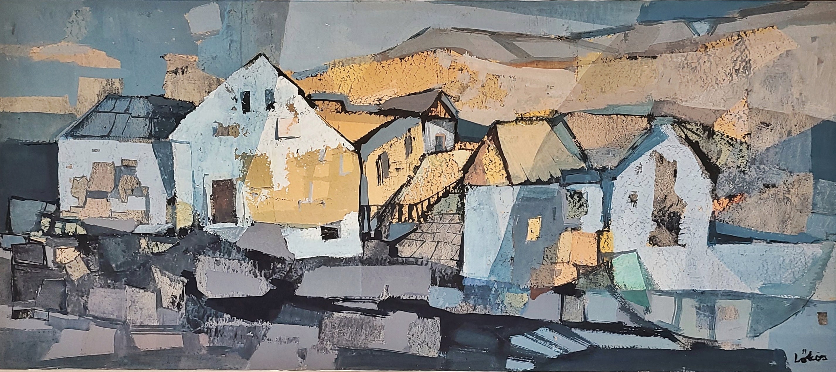‘HOUSES  IN THE HILLS’ BY STEFAN LÖKÖS MIXED MEDIA LANDSCAPE ON PAPER