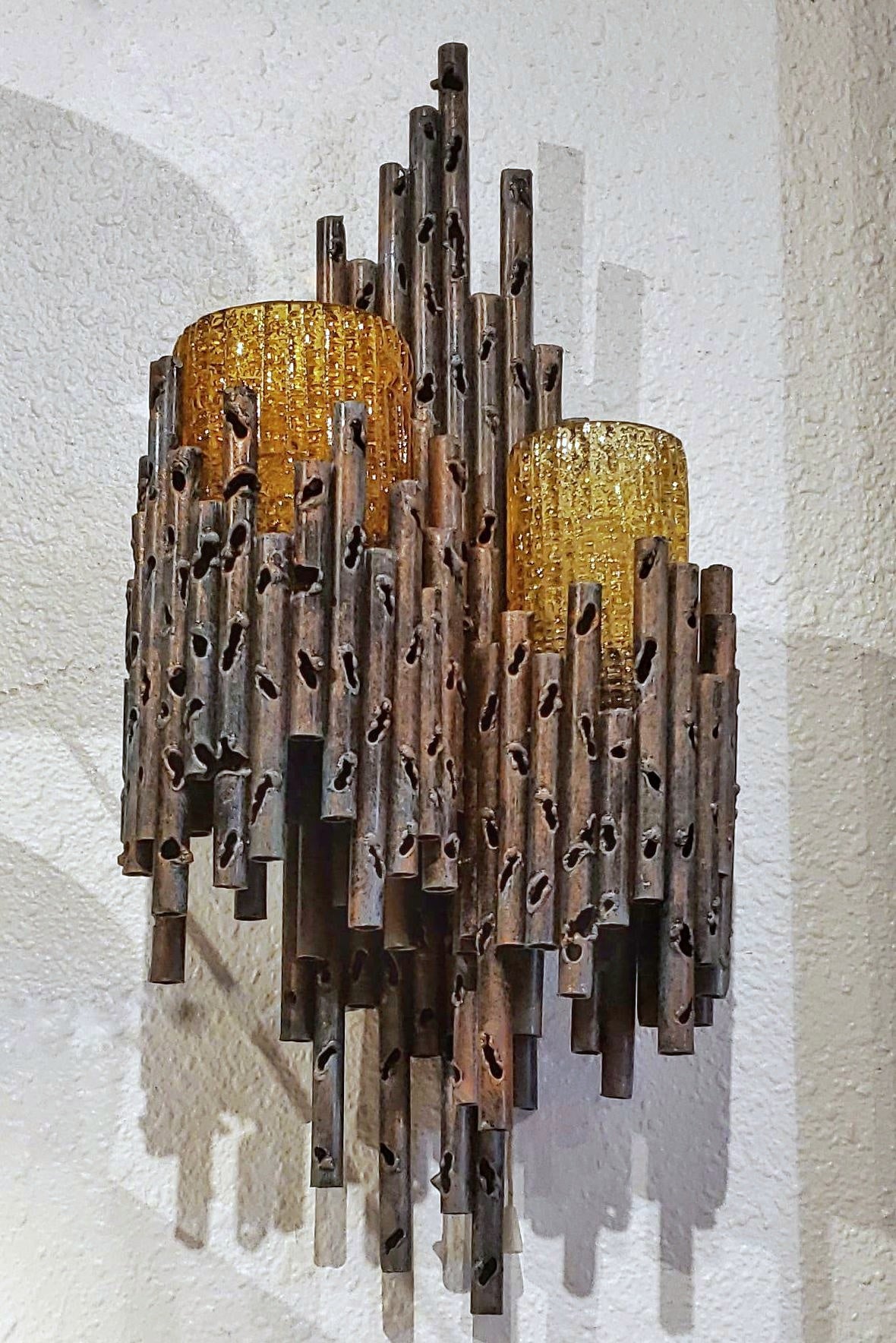 TORCH-CUT BRONZE SCONCE WITH AMBER MURANO GLASS SHADES BY AHLSTRÖM & EHRICH FOR A&E DESIGN