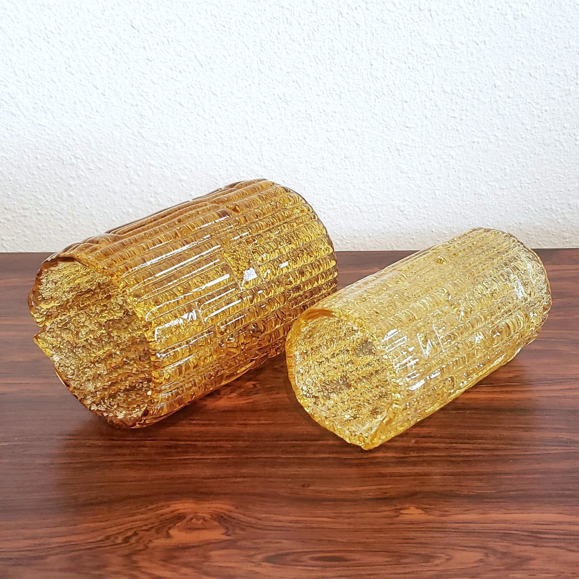 TORCH-CUT BRONZE SCONCE WITH AMBER MURANO GLASS SHADES BY AHLSTRÖM & EHRICH FOR A&E DESIGN