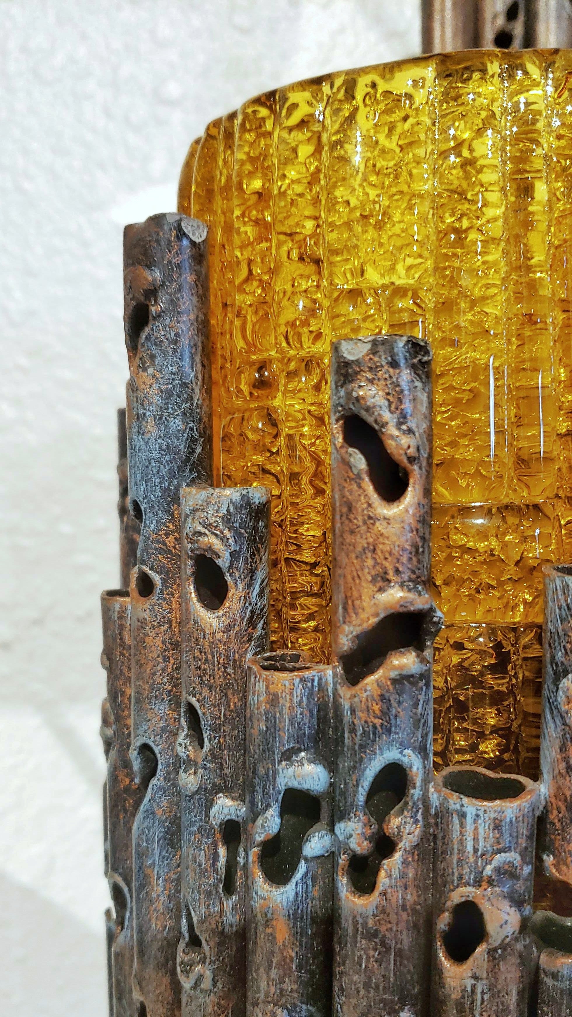 TORCH-CUT BRONZE SCONCE WITH AMBER MURANO GLASS SHADES BY AHLSTRÖM & EHRICH FOR A&E DESIGN