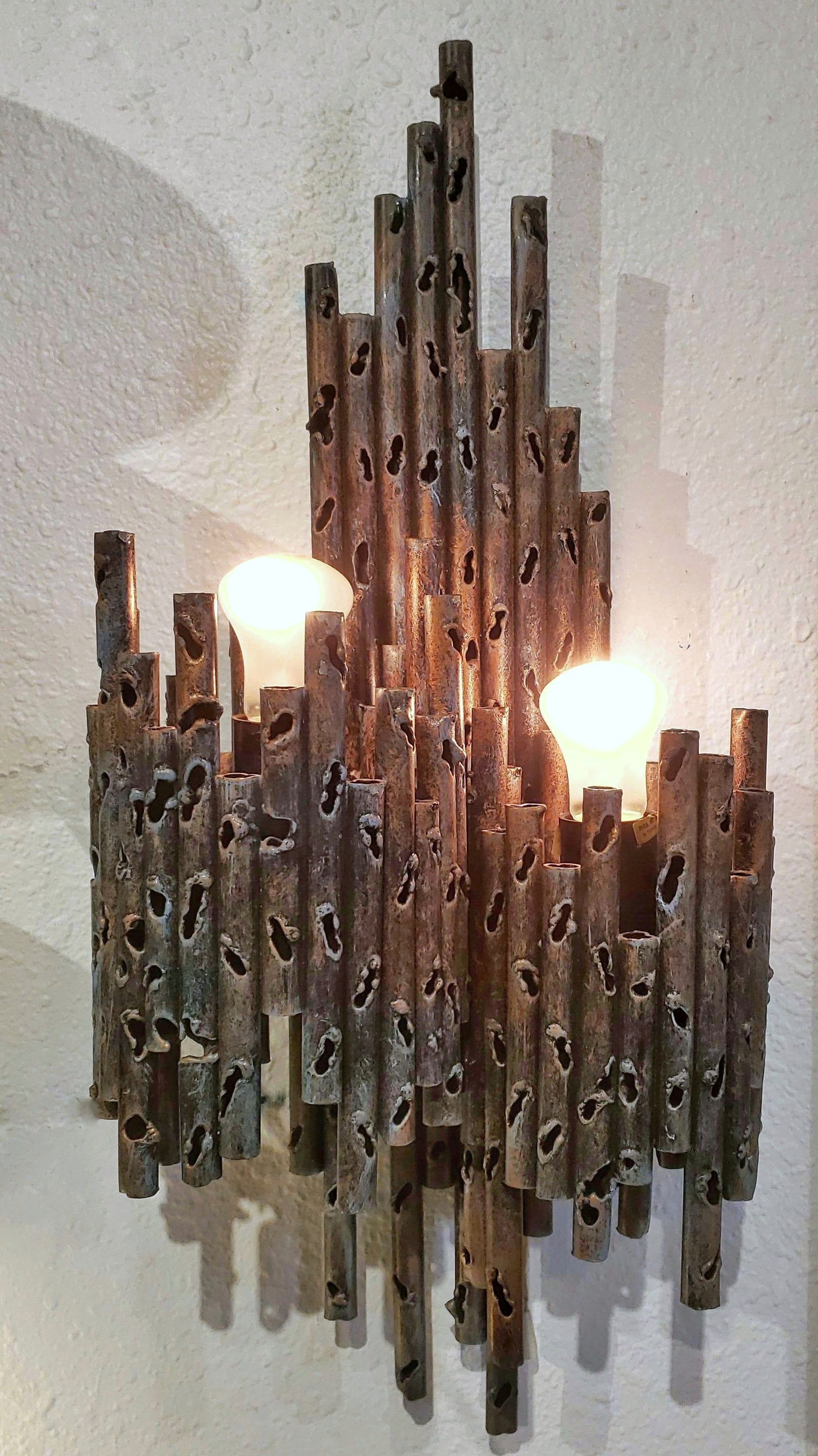 TORCH-CUT BRONZE SCONCE WITH AMBER MURANO GLASS SHADES BY AHLSTRÖM & EHRICH FOR A&E DESIGN